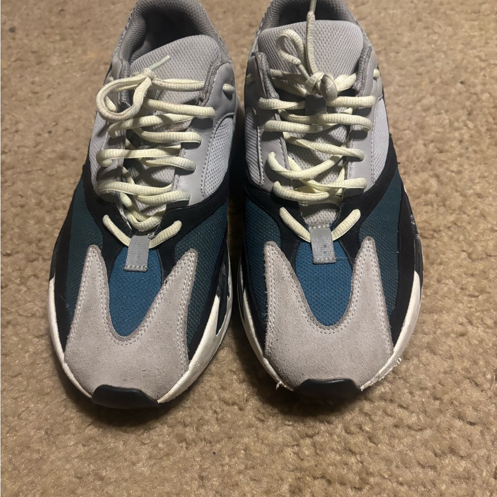 Yeezy Gray and Blue Chunky Sneakers with Layered Design